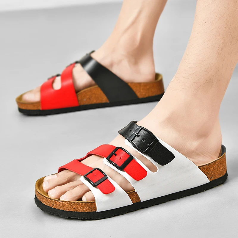 Fashion Men Cork Slipper 2023 New Summer Casual Beach Double Buckle Non-slip Outside Nubuck Leather Slip on Slides For Men