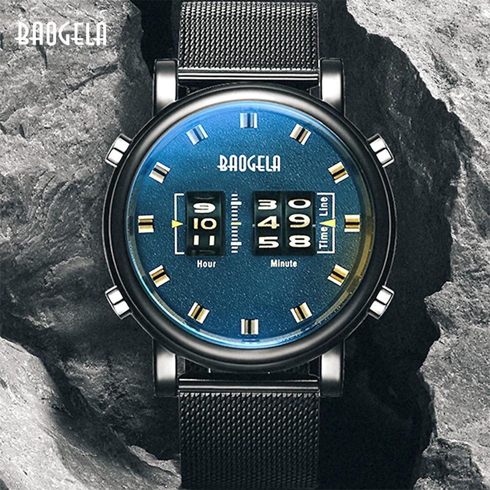 BAOGELA New Luxury Watches Men Military Sport Roller Pointer Quartz Watch Man Fashion Stainless Steel Mesh Strap Wristwatch