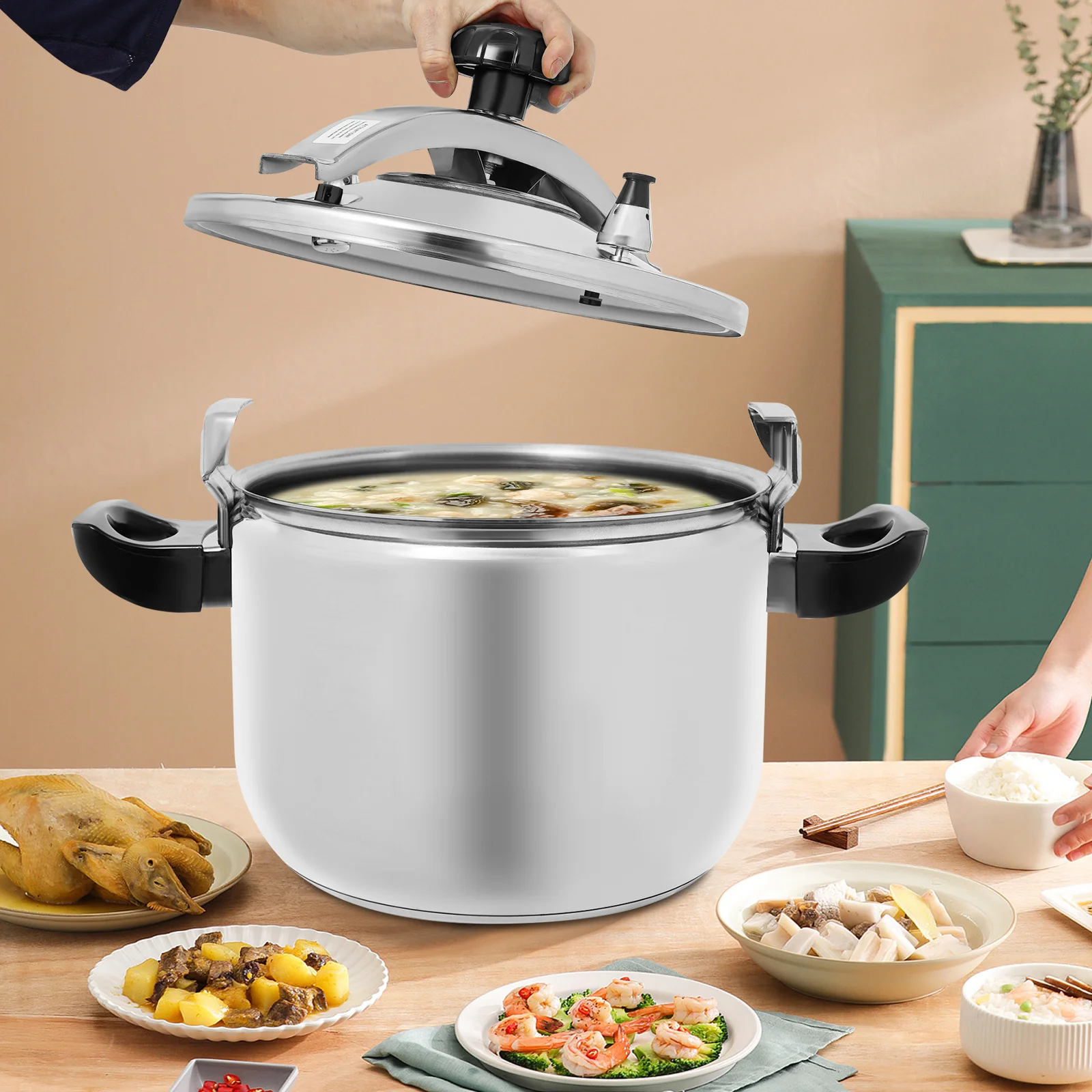 طنجرة ضغط من الفولاذ المقاوم للصدأ 201 سعة 26 لتر/27.47 كيو تي، 3 طبقات من التصميم السفلي المركب وعاء طبخ الضغط 60 كيلو باسكال