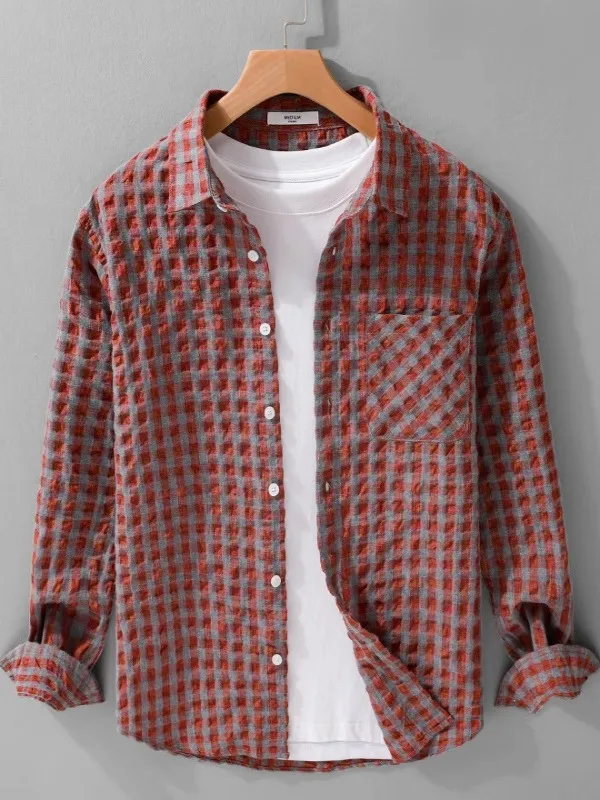 

Casual Long Sve Plaid irt Men's Spring Summer Bubble Cloth Cheered irt Versatile Loose Fit irt No Brand Iron Free