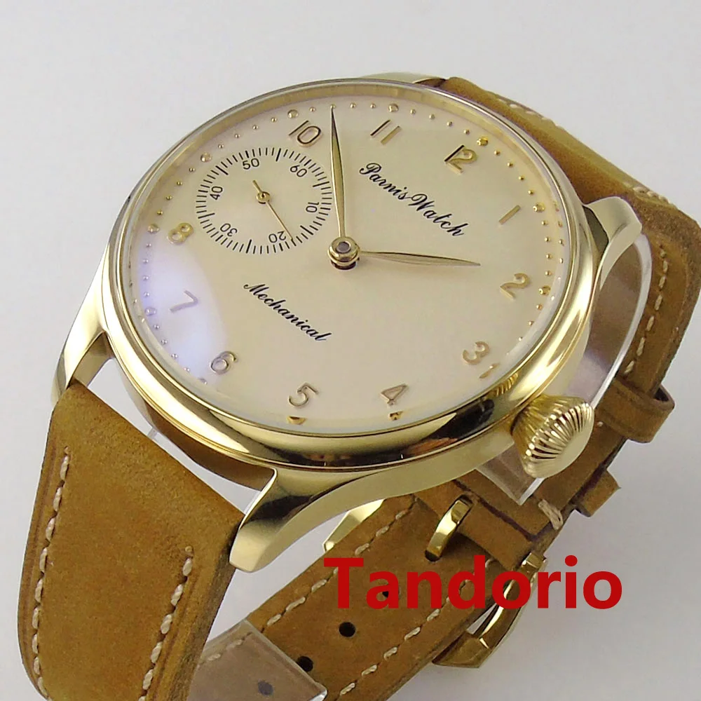 44mm Parnis Fashion 6497 Hand Winding Movement Beige Dial Golden Plated Polished Men Watch Glass Back Small Dial Leather Strap