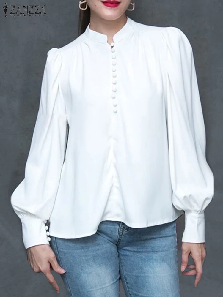 ZANZEA Elegant Shirts Stylish Women Long Lantern Sleeve Blouse 2025 Autumn Stand Collar Office Lady Tops Casual Solid OL Blusas