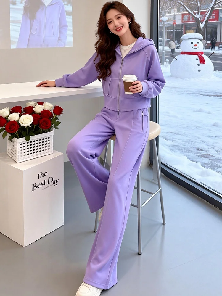 

Комплект Salt Series: Женский повседневный спортивный костюм в уличном стиле, весенний, модный, с эффектом омоложения, фиолетовая куртка и брюки с широкими штанинами, комплект из двух предметов