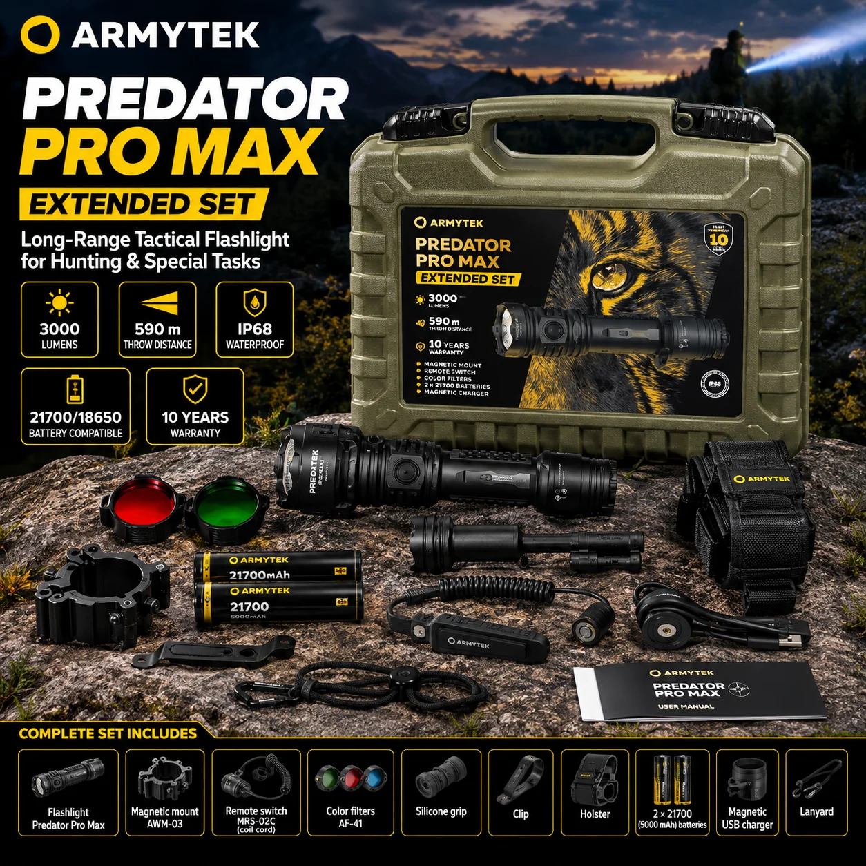 Armytek Predator Pro Max Flashlight Extended Set Rechargeable Tactical  Flash Light 3000 Lumens Hunting Torch Light