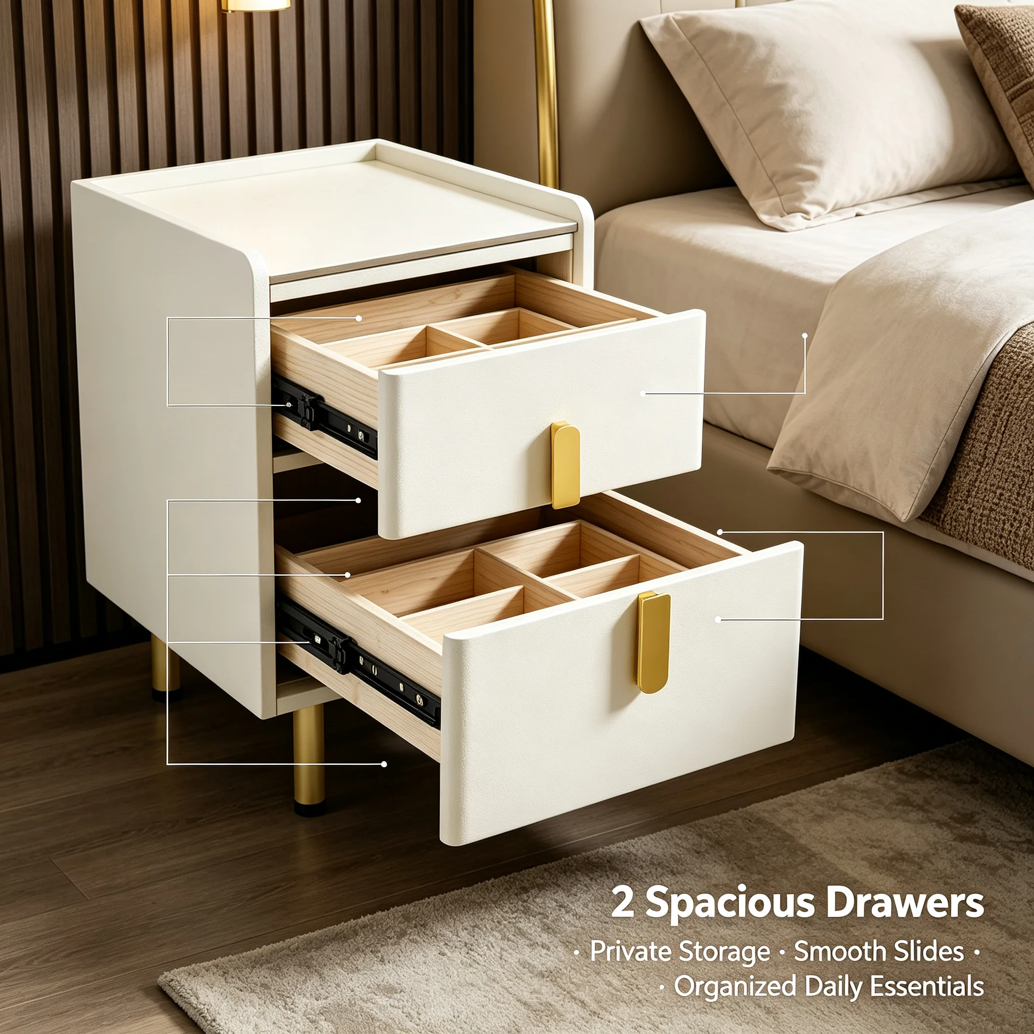 Wąski stolik nocny z 2 szuflad – Desk Setup White recenzja i cena