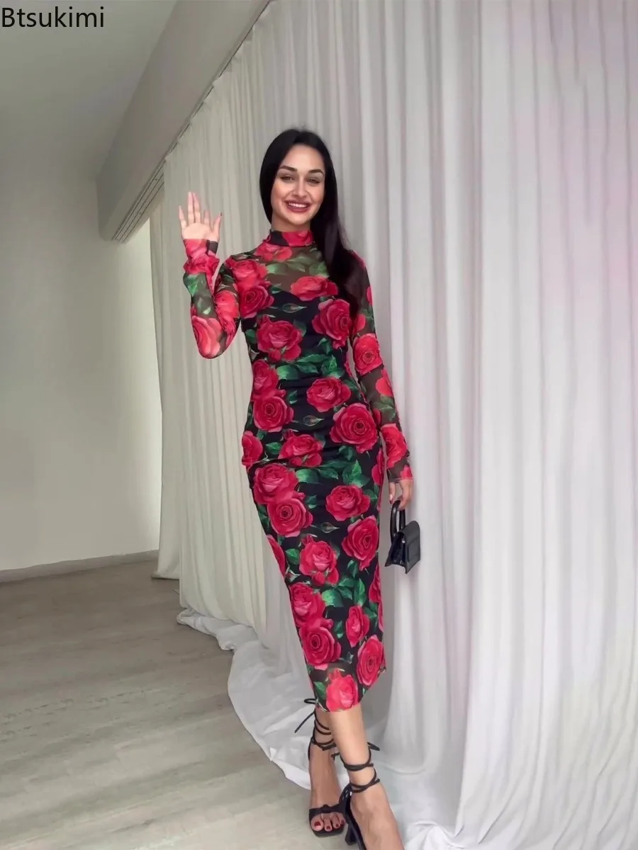 セクシーな花柄プリントロングドレス 春新作 レディース ヴィンテージ カジュアル 長袖 スリム ドレス ファッション ハーフハイカラー ボディコンワンピース