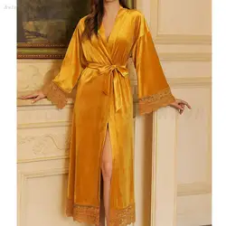 Sleepwear Dressing Gown Nightdress Autumn Winter Velvet Nightgown Kimono Robe Sexy Lace Long Nightwear Bathrobe Loose Home Wear