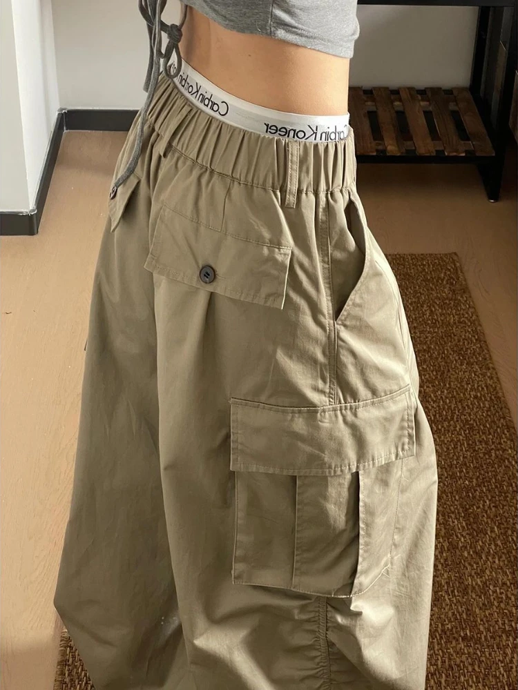 Deeptown Khaki Vintage Women's  Cargo Pants Pockets Wide Leg Korean Fashion Straight Trousers Baggy Casual Hip Hop Streetwear