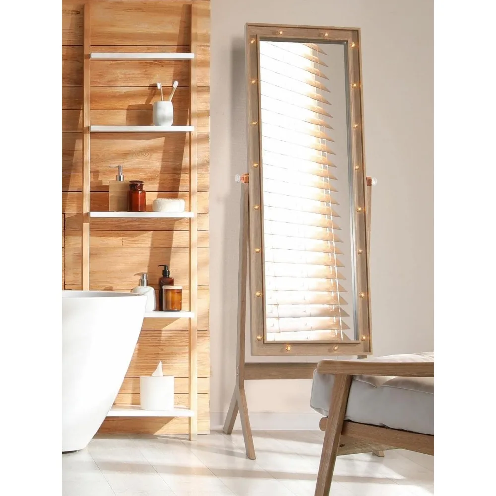 Grote vrijstaande geruite spiegel met verlichting, hoge vloerspiegel voor slaapkamer, rustieke bruine afwerking, volledige lengte spiegel met licht