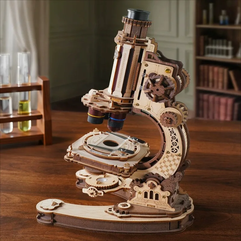 Modèle d'assemblage en bois 3D « Objectif Monde » Microscope DIY, Cadeau d'anniversaire, Puzzle tridimensionnel, Ornements créatifs, microscope