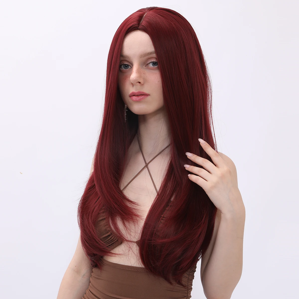 Smilco 26 inch wine red curly hair paired with natural split party women's synthetic wig