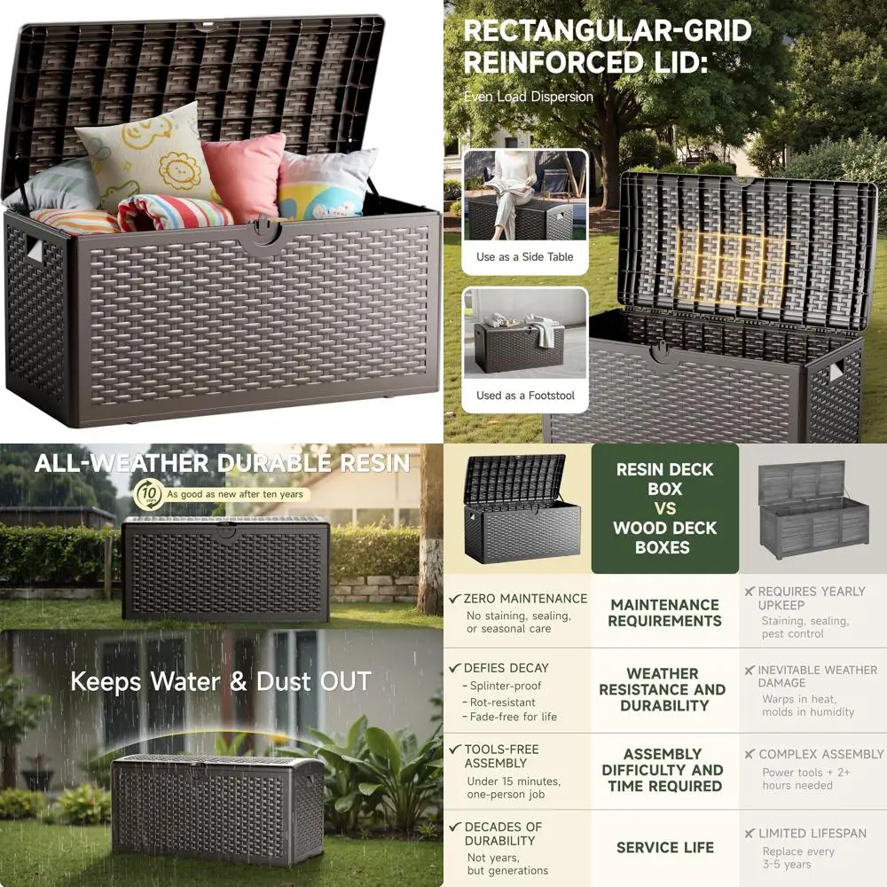 

80-галлонный двухслойный запираемый водонепроницаемый ящик для хранения на открытом воздухе, устойчивый к ультрафиолетовому излучению для патио, сада, бассейна (коричневый)