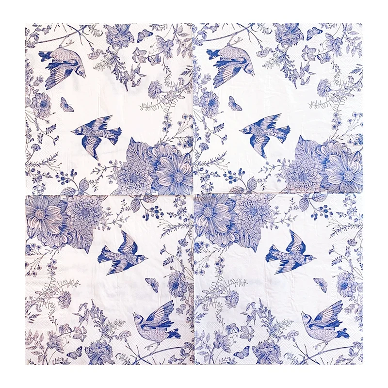 20Pcs/Pack Decoupage Paper Butterfly Birds Flower Napkins Vintage Blue Tissues for Wedding Party Supplies Serviettes Home Deccor