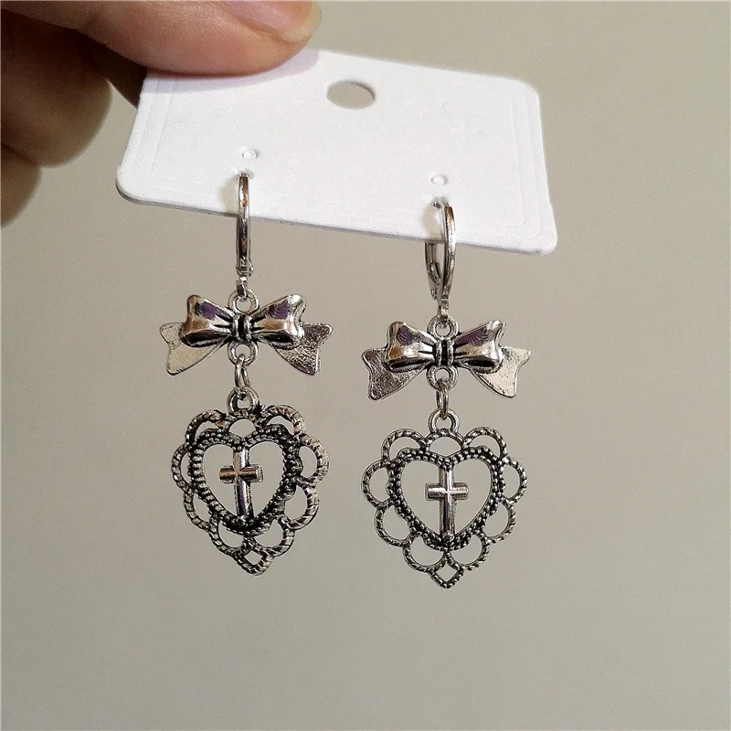 Gothic Vintage Love Heart Cross Bowknot Pendant Earrings For Women Y2K Fashion Ear Buckle EMO 90s Aesthetic Charms Accessories