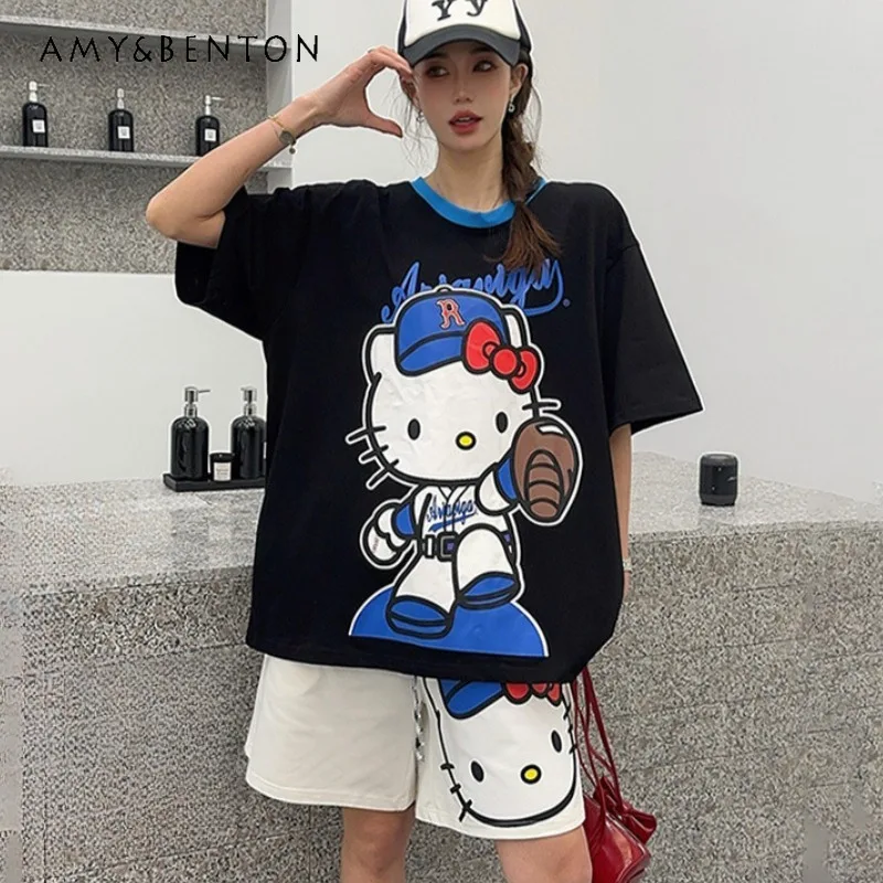 

Cartoon Printing Half Sleeves And Shorts Five-point Pants Two-piece Set Loose Versatile Casual Short-sleeved Kawaii Tees Outfits
