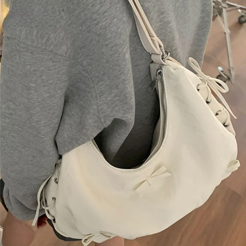 Fashion Solid Bandage Chic Bow Women Handbags All Match Sweet Y2k Aesthetic Tote Bags Office Lady Elegant Shoulder Underarm Bag