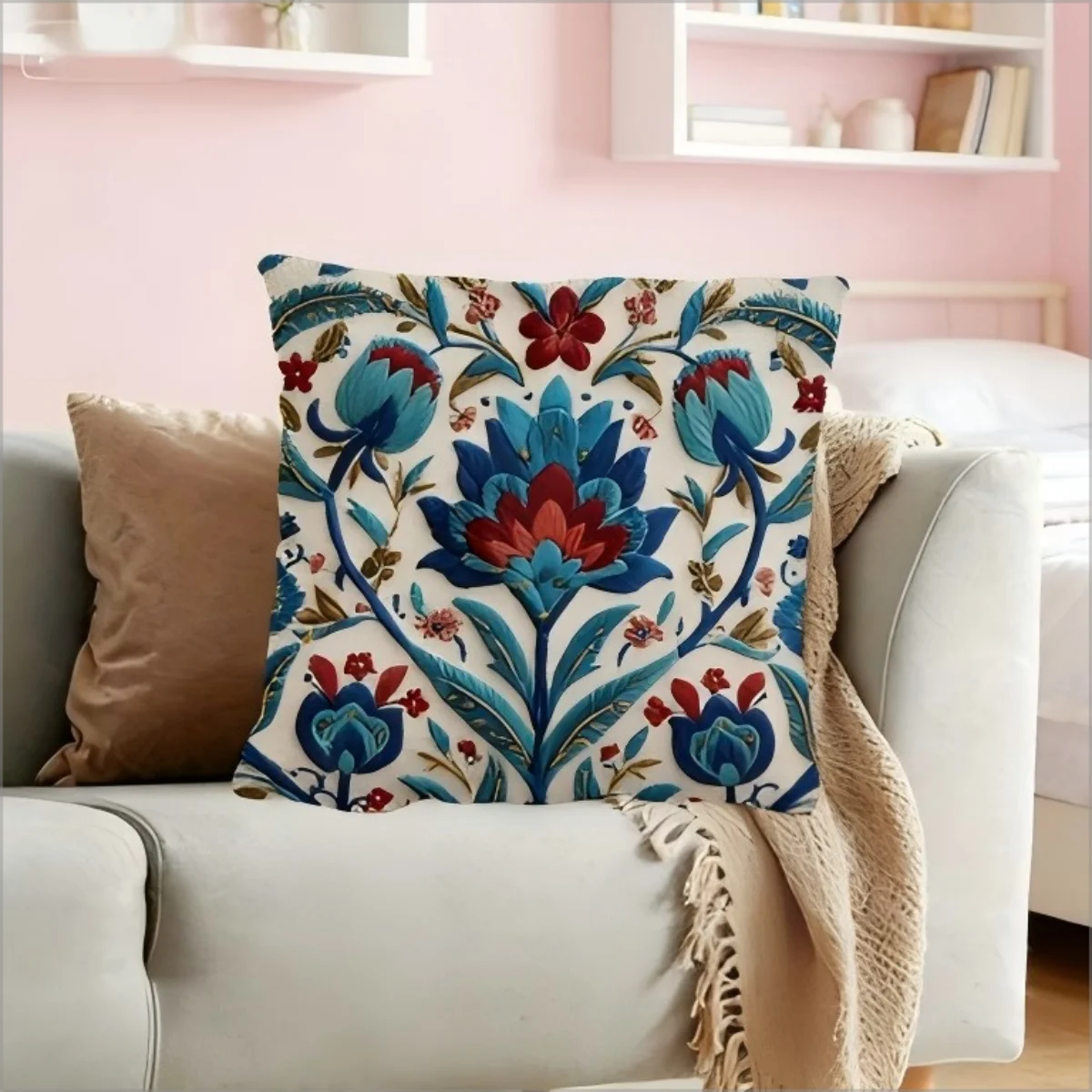 Doppelseitiger Boho Türkischer Blumen-Kissenbezug 2D Ethnischer Blumendruck Weicher Zierkissenbezug für Heimdekoration Geschenk