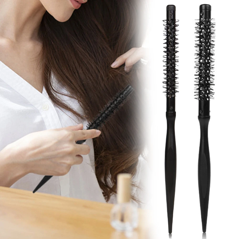 Black Wood Roller Comb For Hair Styling Aluminum Tube Nylon Bristles Pointed Tail Hair Brush With Wooden Handle Hairdressing