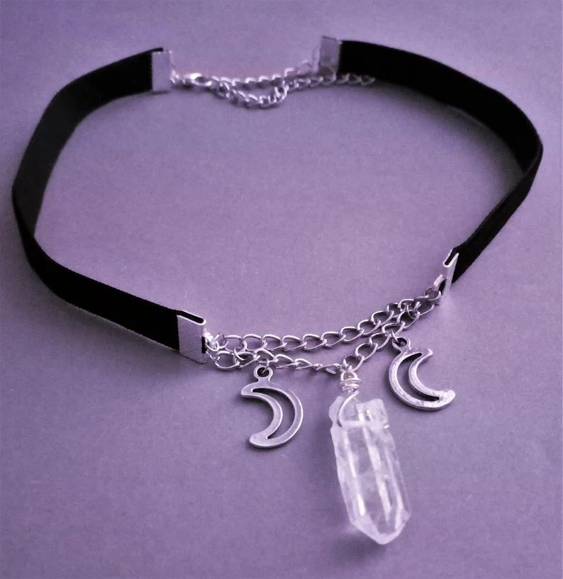 triple moon crystal point choker - nu goth - pastel goth - wiccan necklace - goth choker