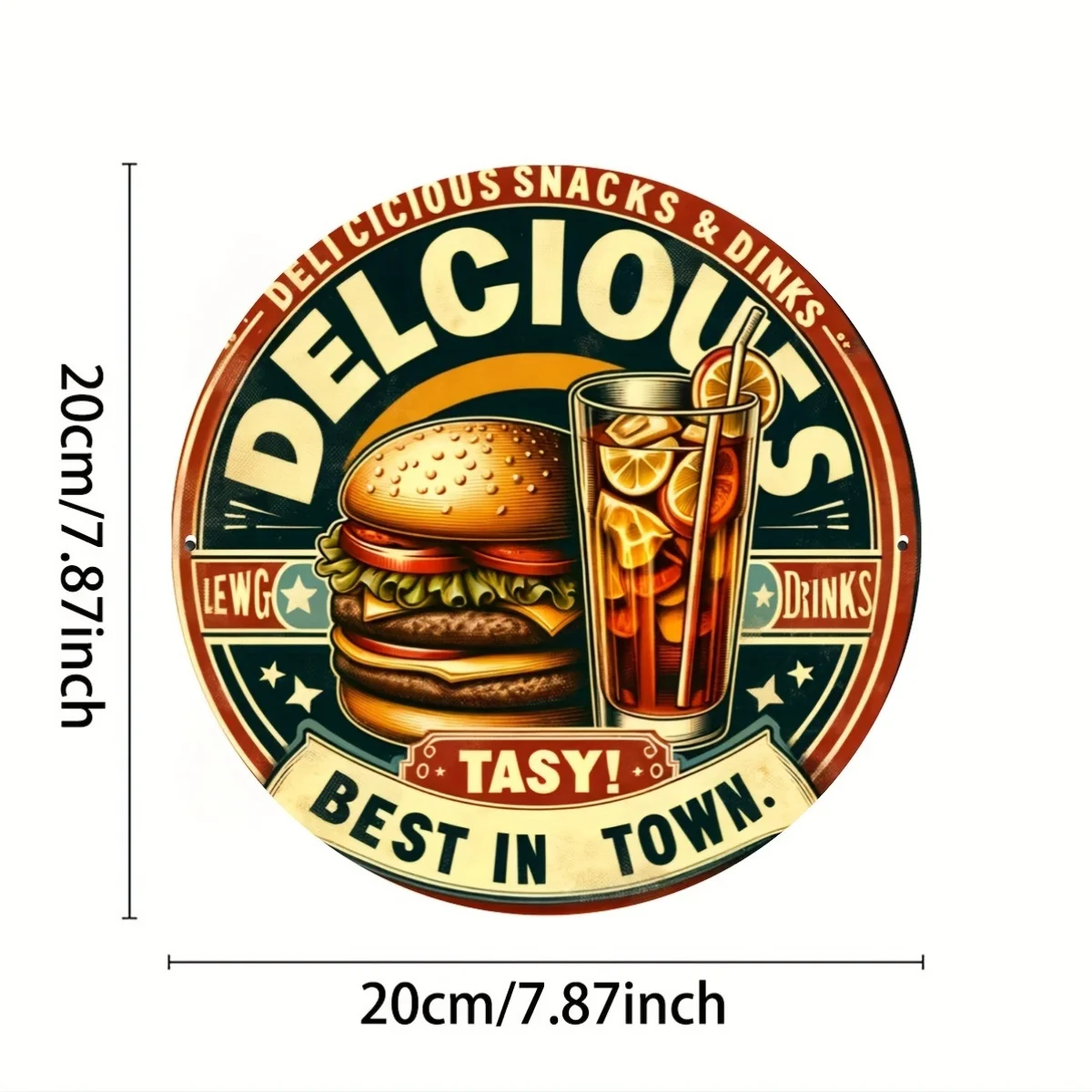 2D Delicious Burger Soda Drink Retro Food Text Sign Old School Cafe Decor 20x20cm Metal Tin Sign / Iron Plaque