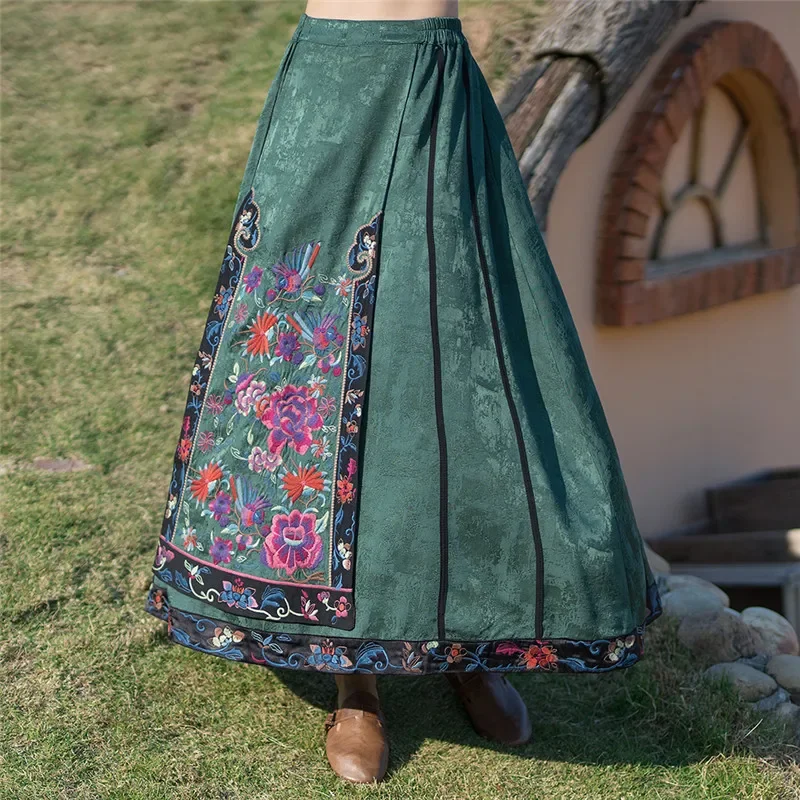 Heavy Industry Embroidery Improved Horse Face Skirt Retro Pleated Skirt National Style Maxi Skirt Chinese Tradition Clothing