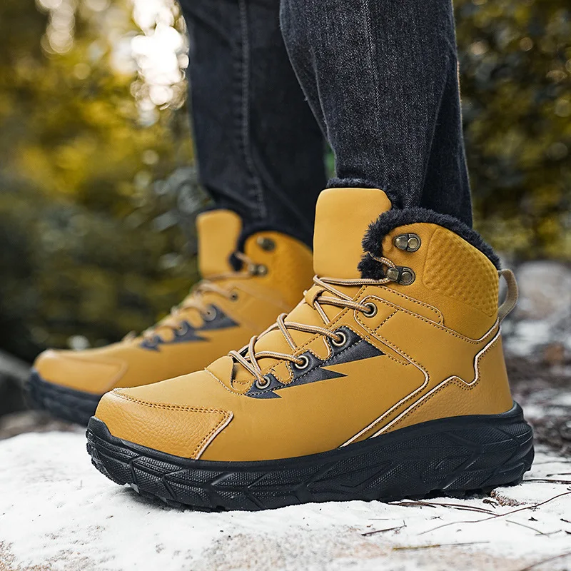 

New Autumn Winter Mens Mid Top Waterproof Fleece Lined Work Boots Warm Cotton Non Slip Hiking Snow Boots Plus Size