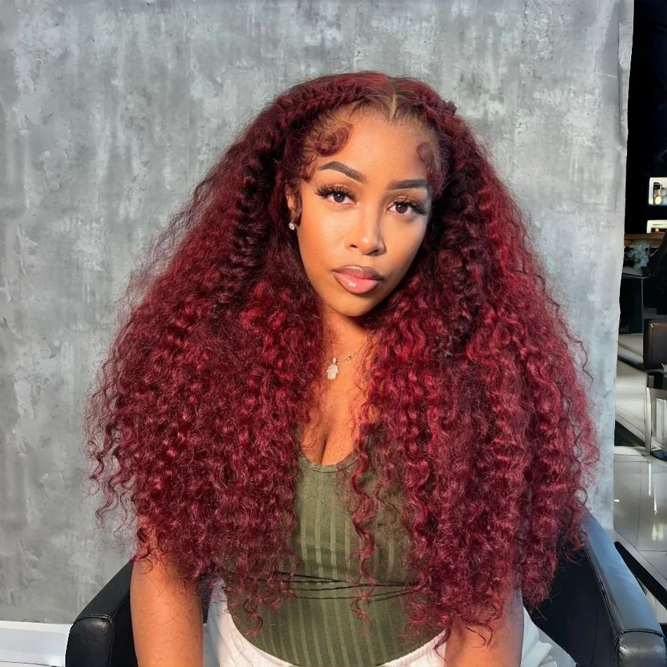 

Бургундский кудрявый парик из натуральных волос 99j, 13x6, глубокая волна, парик с кружевной передней частью 13x4, предварительно выщипанный, с HD прозрачным кружевом, для женщин