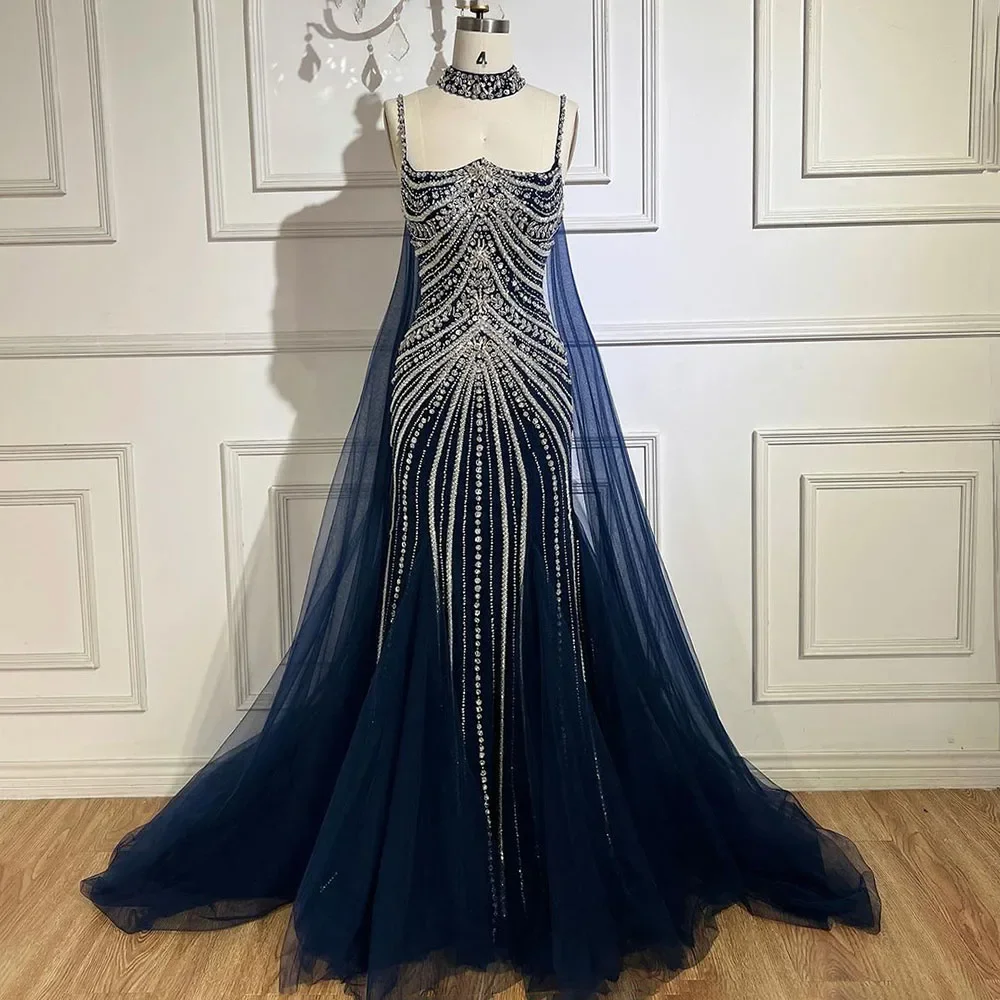 Serene Hill Blue Spaghetti Strap Long Cloak Mermaid Beaded Lace up  Evening Dresses Gowns For Party LA72440 Customized