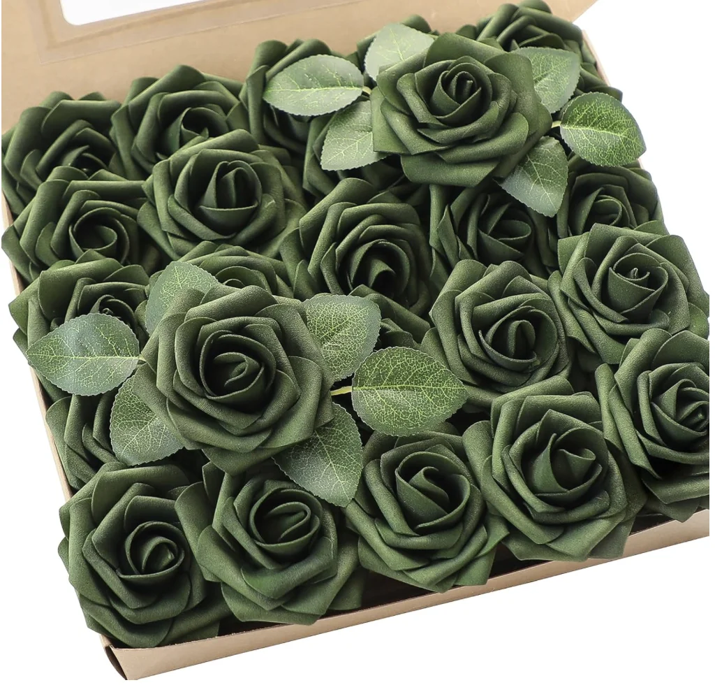 Artificial Flowers 25pcs Real Looking Emerald Green Foam Fake Roses with Stems for DIY Wedding Bouquets Bridal Shower Centerpiec