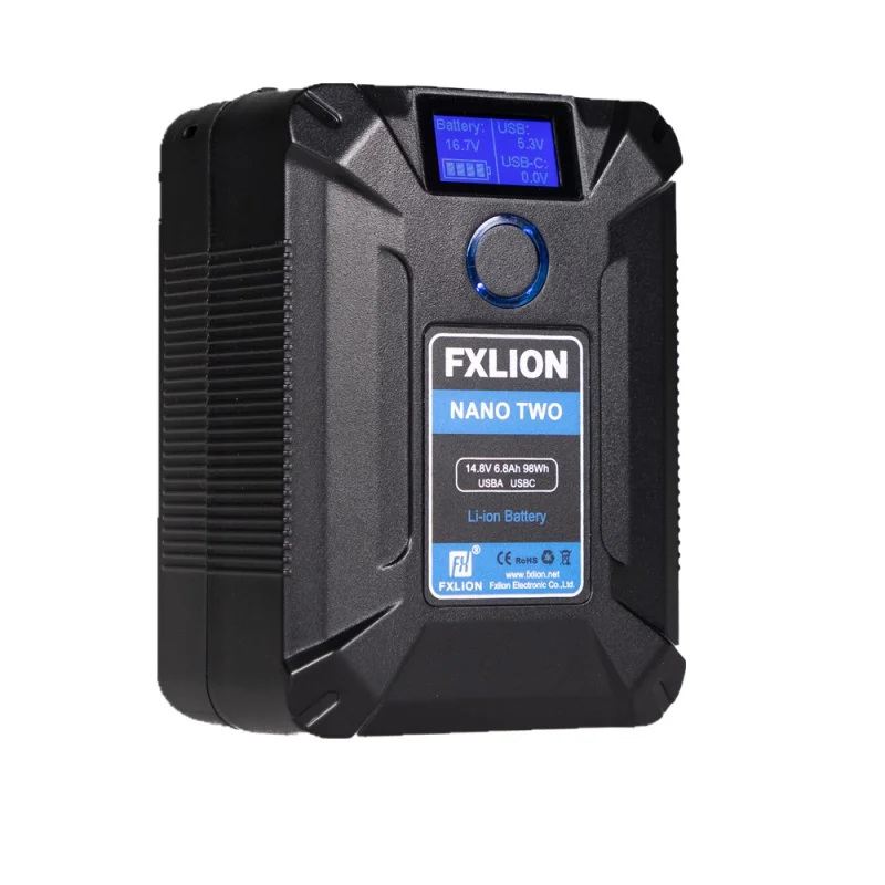 FXLION Nano Two 98WH V-Mount-V-Lock Battery with Type-C, D-tap USB A, Micro for Cameras, Camcorders,Large LED