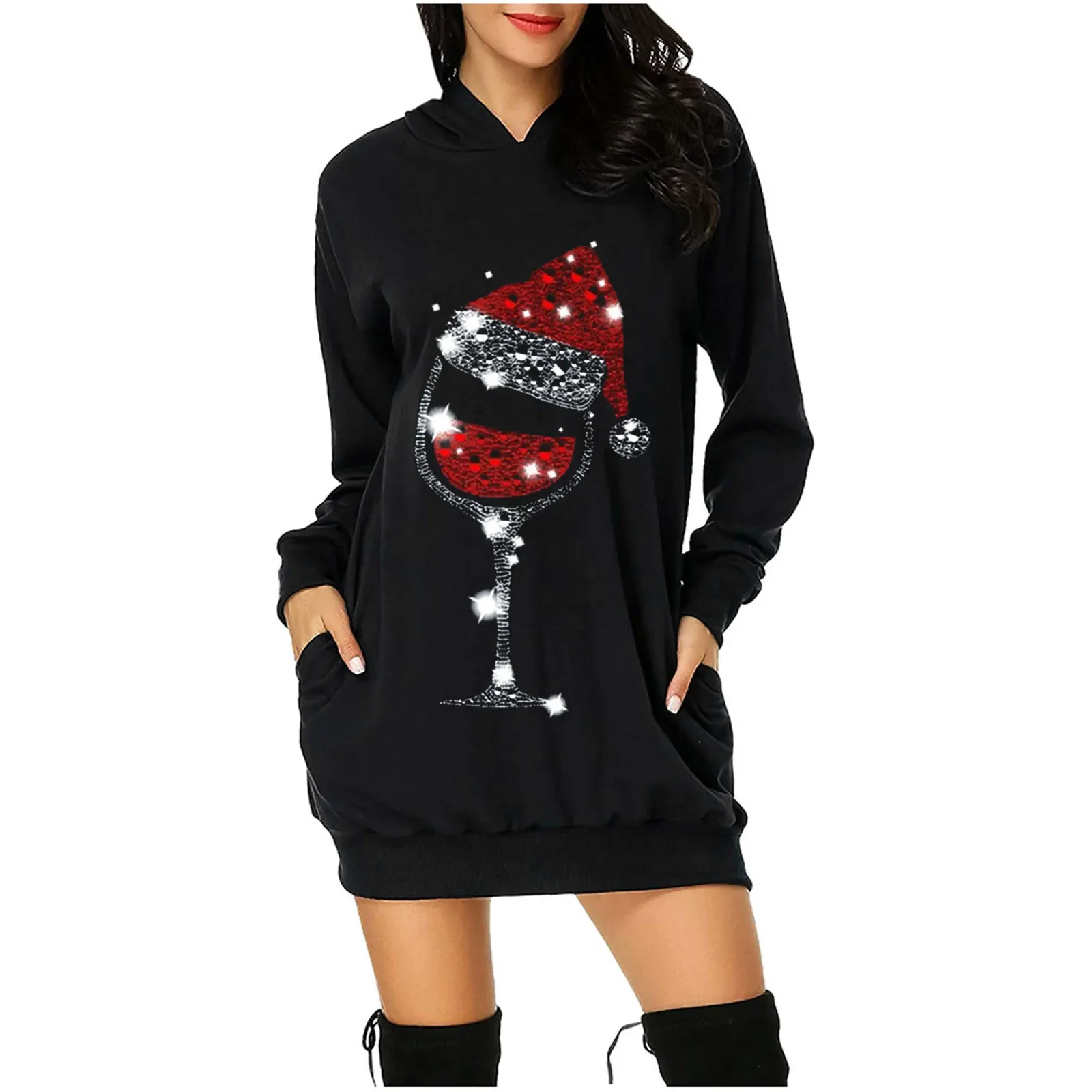 Christmas Dress Women Plus Size Long Sleeve Dresses for Women Holiday Party Casual Hooded Mini Pullover Dress Vestidos de Fiesta