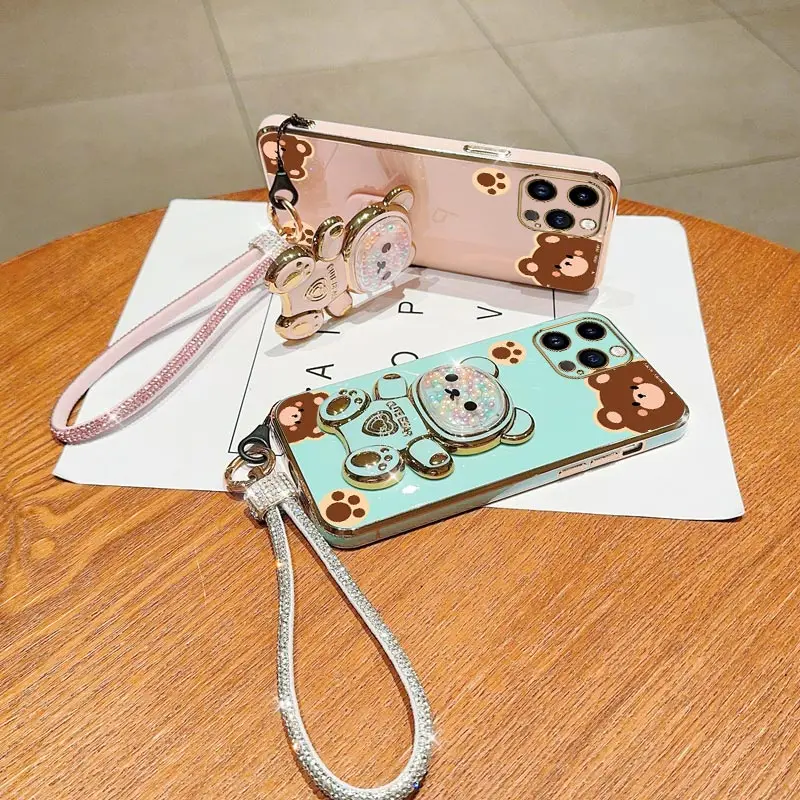 Diamond Wrist Strap Lanyard Cute Bear Phone Holder Case For iPhone 16 15 14 13 12 11 Xs Pro Max Mini X XR Plus Stand Back Cover