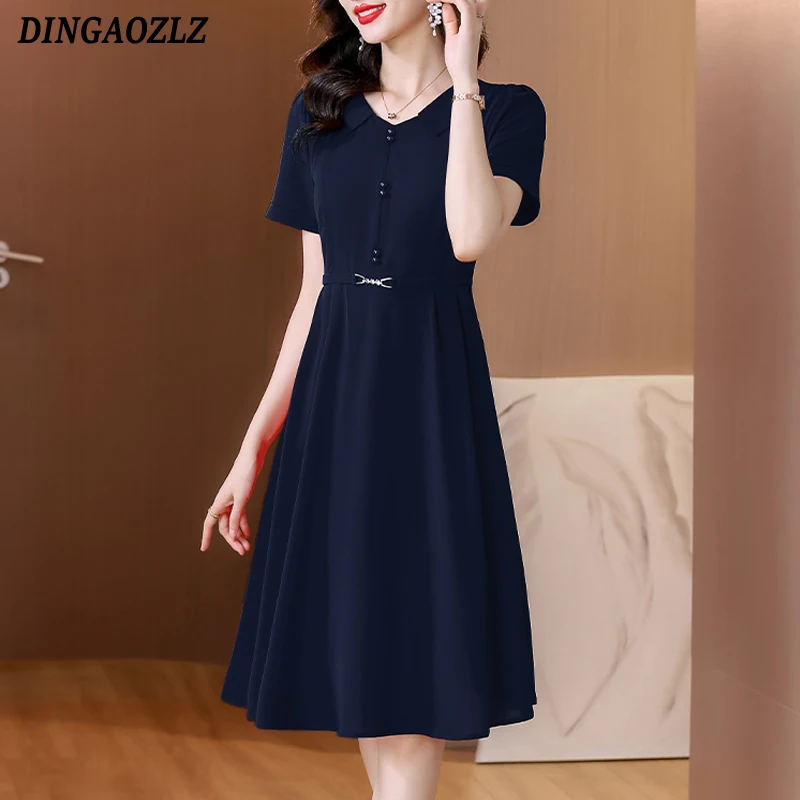 

2025 Summer New Elegant Fashion OL Dress V-neck Short Sleeve Midi Dress Slim Casual Women Dresses Vestidos