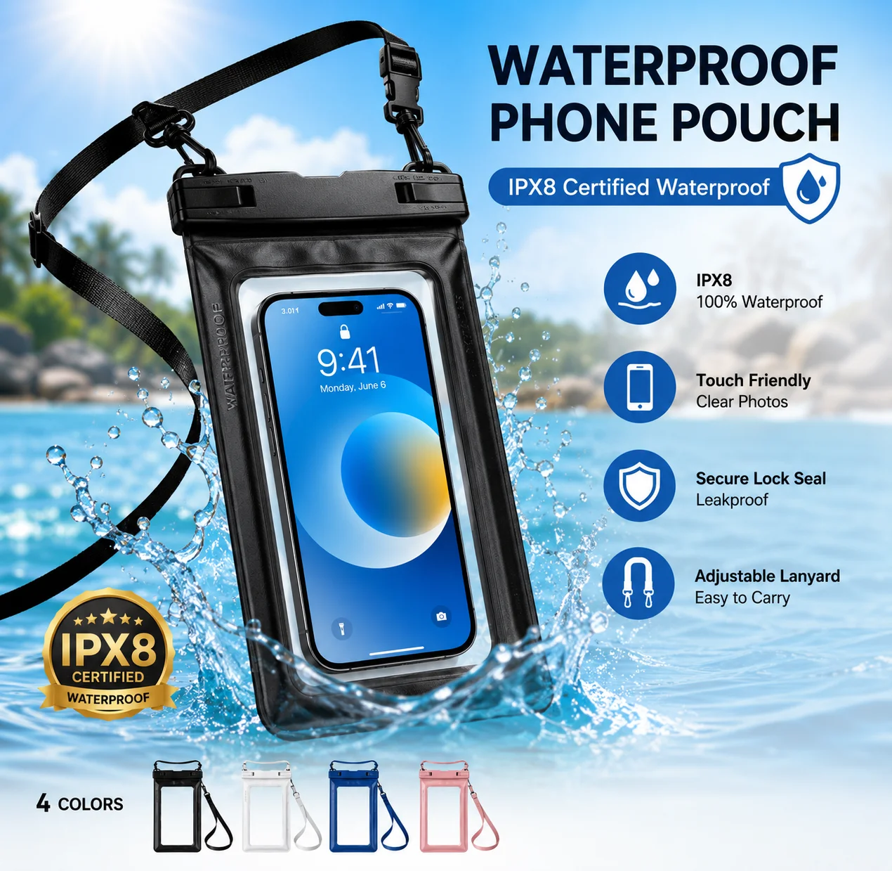 Funda Impermeable Universal para Teléfono, Bolsa Seca IPX8 con Pantalla Táctil para Natación, Playa, Buceo, Kayak, Funda para Teléfono Móvil