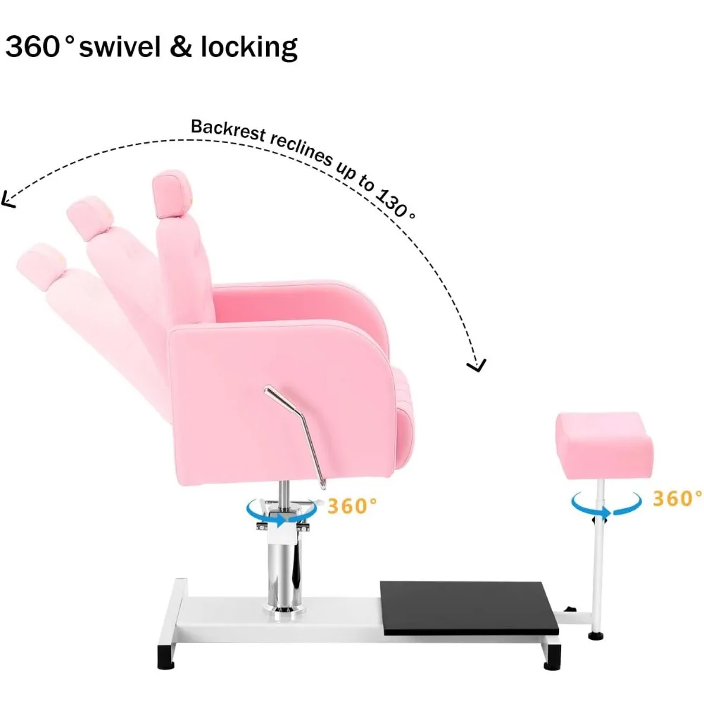 Silla de pedicura reclinable con lavabo para masaje de pies, taburete ajustable hidráulicamente, giratorio de 360 ° para salón de belleza y spa, color rosa