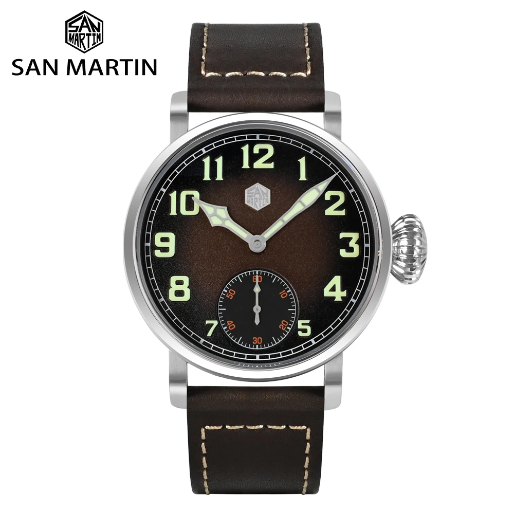 San Martin Vintage 44.5mm Pilot ST3621 Manual Mechanical Men Watch Simple Military Style Sapphire Glass Waterproof 10Bar C3 lume