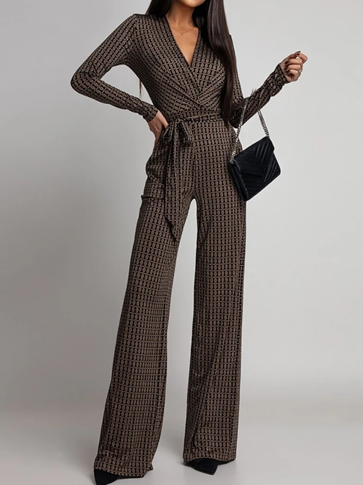 

Women's Fashion Printed Long Sleeved Jumpsuit Casual Vacation High Waist Romper 2026 New Sexy V Neck Lace Up Commuting Playsuit