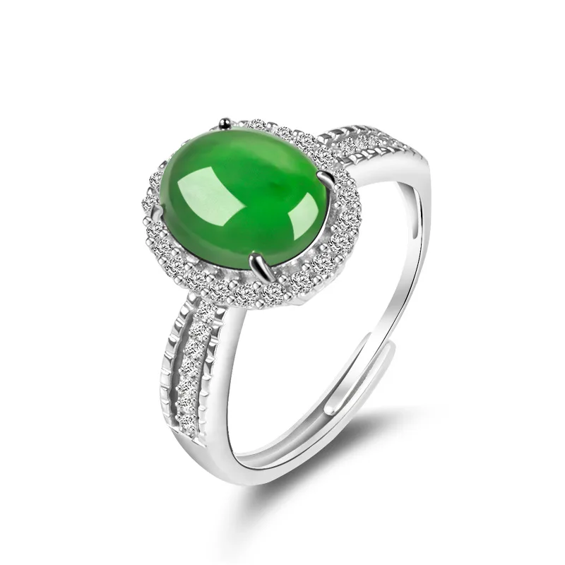 

S925 Silver Inlaid Natural A Goods Jade Sun Green Egg Face Ring Ice Jadeite Stone Women's Fashion Jewelry Adjustable Drop Ship