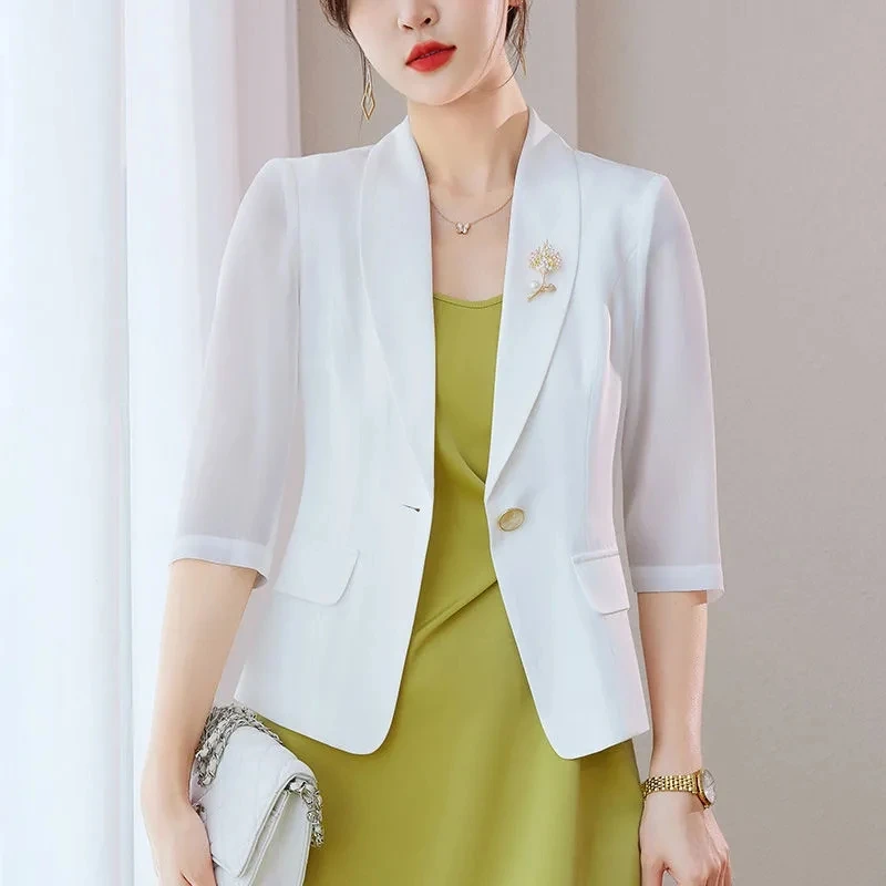 2024 Summer Women's Blazers New White Chiffon Casual Thin Suit Coat Lady Office Short Suit Jacket Single Button Female Outerwear