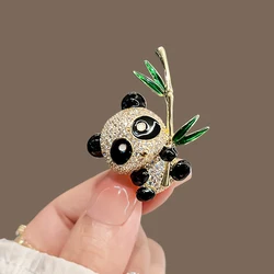 Rhinestone Panda Bamboo Enamel Lapel Pin Brooch for Friends Kids Funny Animal Brooch Cute Pandas Backpack Badge Clothes Jewelry