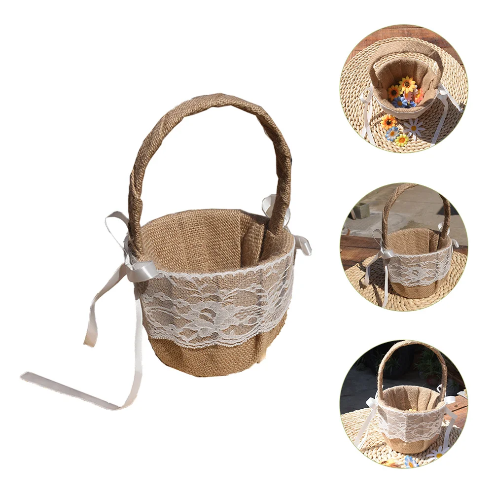 

Wedding Flower Basket Jute Lace Decor Bridesmaid Woven Portable Handy Chic Simple Color Design Fade Damage Resistance