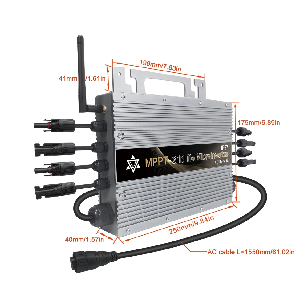 محول صغير متصل بشبكة الطاقة الشمسية مع وحدة تحكم wi-fi ذكية وmppt ، مقاومة للماء IP67 ، 1400W20-60VDC 80-265VAC