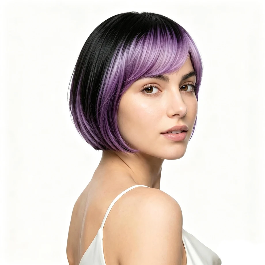 

Short Bob Hair Wigs Straight with Flat Bangs Synthetic Colorful Cosplay Daily Party Neon Wig for Women 10" Natural As Real