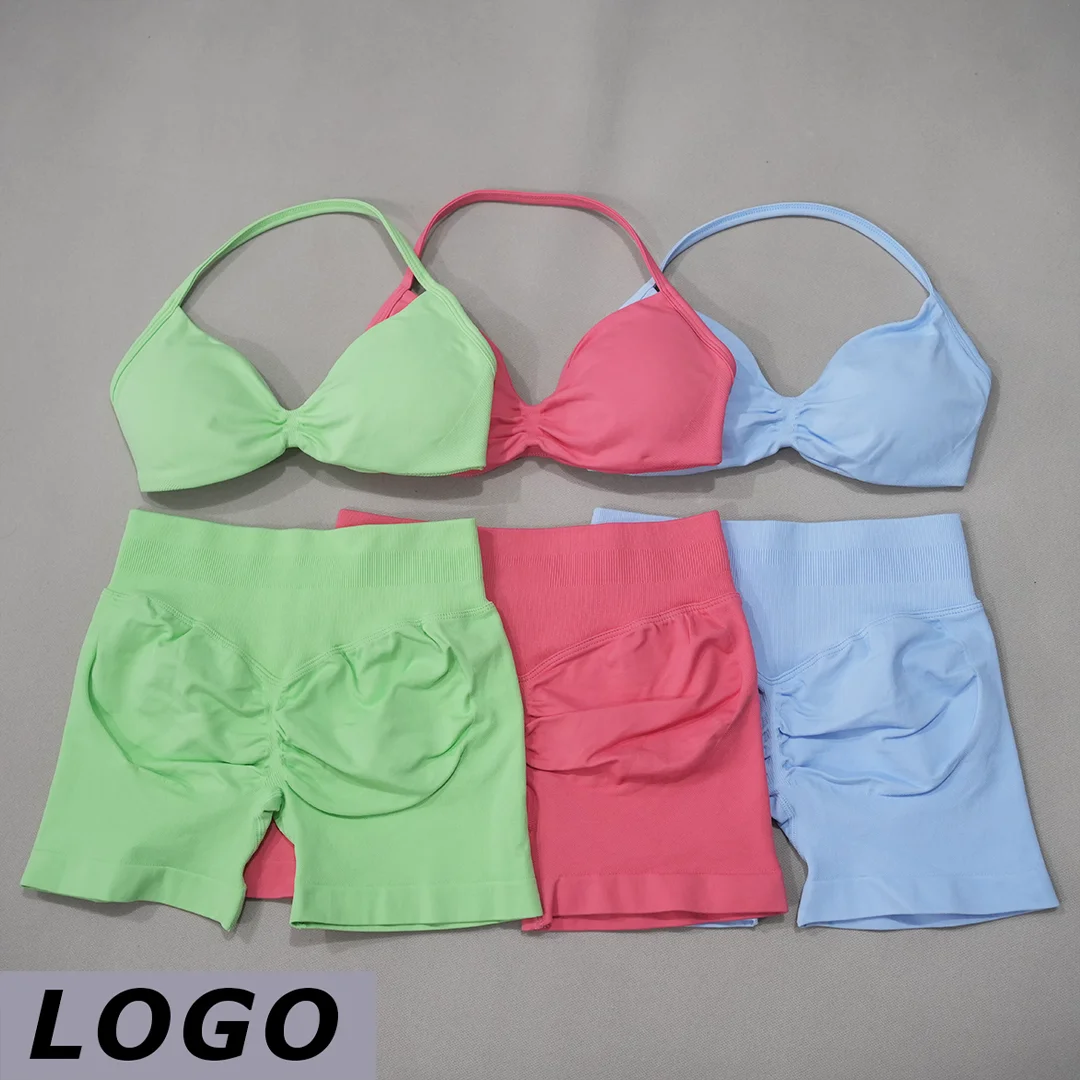 DF LOGO Women Yoga 2 Piece Set Lace Up Sports Bra High Waist Seamless Short Leggings Elastic Gym Running Cycling Fitness