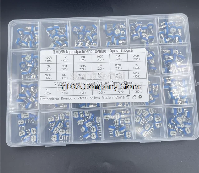 24 types of RM063 vertical/065 horizontal screw hole blue and white adjustable resistance potentiometer mixed box, 240 pieces