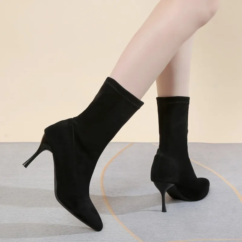 Pointed Toe Women Elastic Socks Short Boots Fashion Side Zippers Slim Ankle Booties High Heel Autumn Winter Ladies Shoes