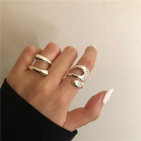 2Pcs Stainless Steel Geometric Hollow Layered Wide Ring Metal Texture Waterproof Daily Simple Stylish Golden Jewelry for Women