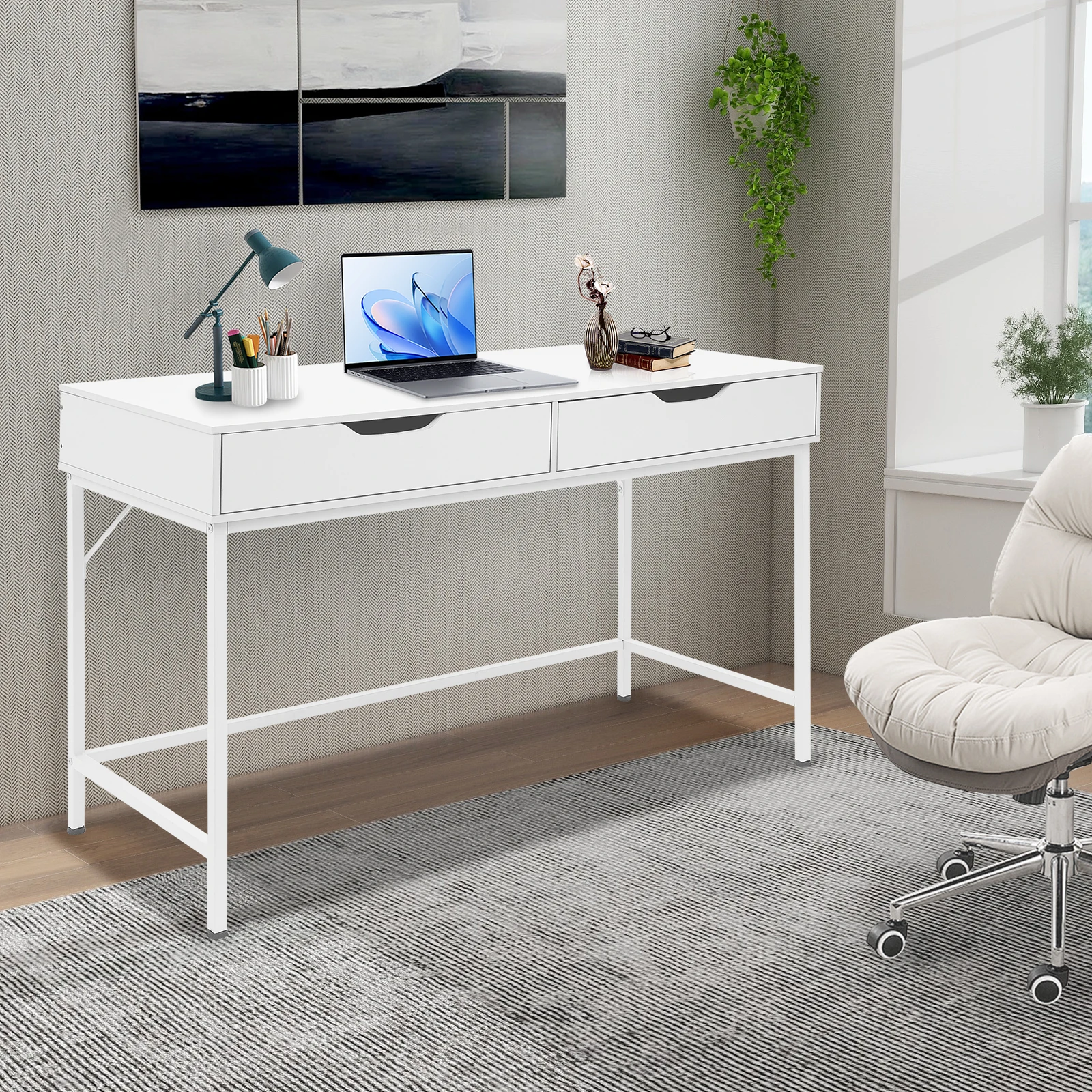 Modern Computer Desk with 2 Drawers Study Writing Office Desk Metal Frame White Rectangular