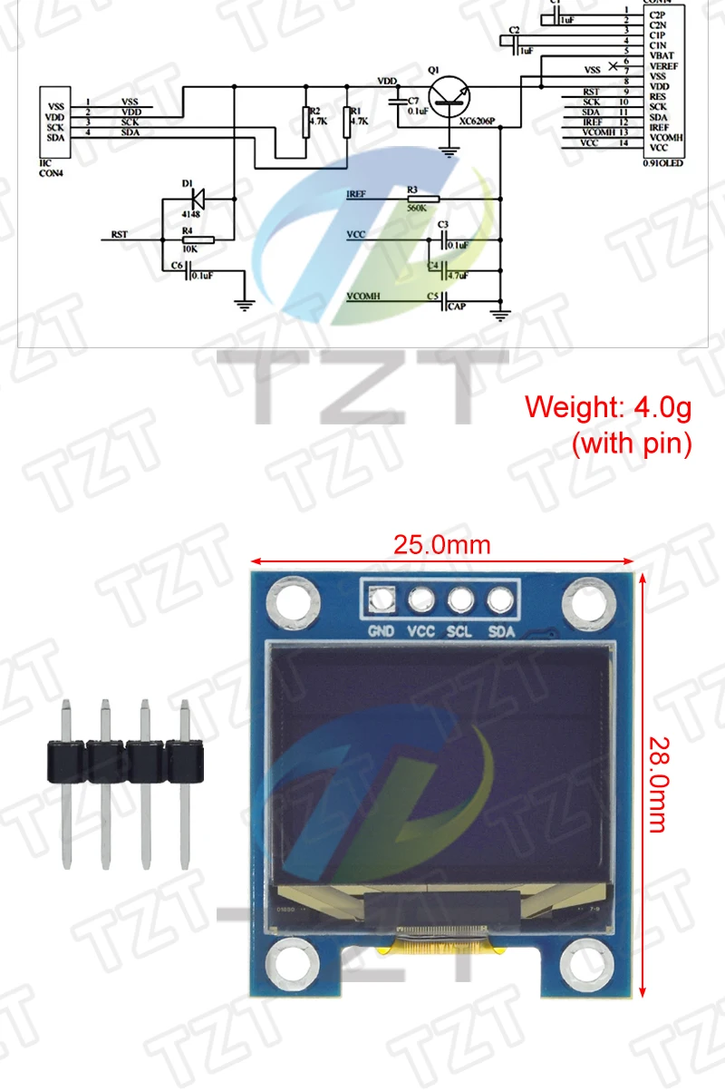 TZT 1/3 Stück 0,91 Zoll OLED-Modul Blau-Weiß OLED 96x64 OLED LCD LED Anzeigemodul 0,91" IIC Kommunikation – Detail 2