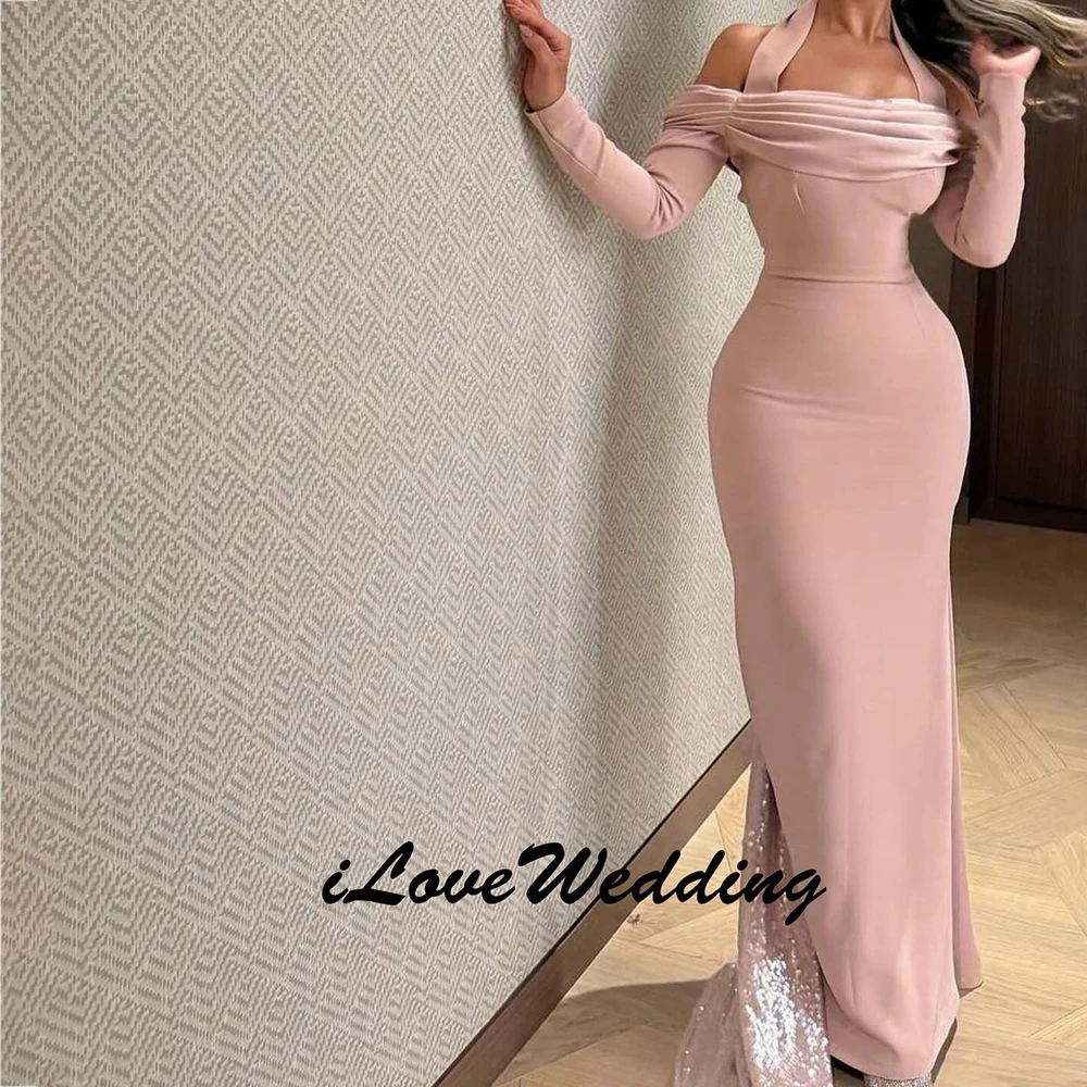 Elegant Pink Mermaid Halter Prom Party Dress Off Shoulder Long Sleeve Gillter Train Middle East Evening Occasion Gown customsize